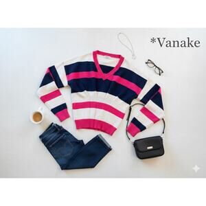 Vanake Striped V-Neck Sweater – Pink & Navy Blue – Size Medium